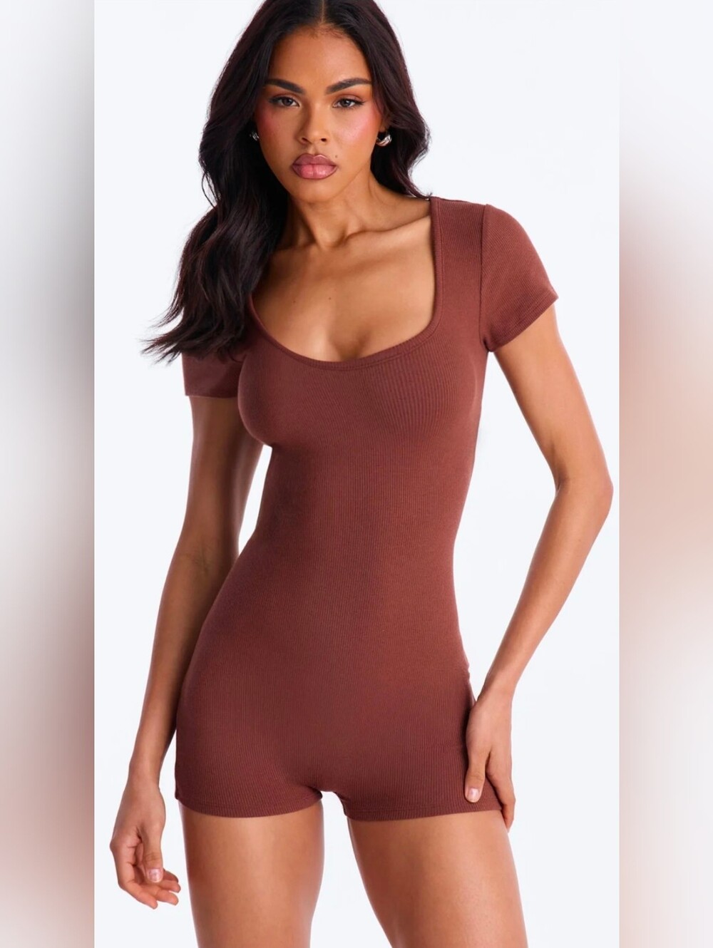 Fashion Nova Ribbed Scoop Neck Short Sleeve Bodysuit Romper - Brown